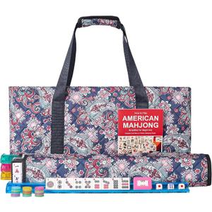 American Mahjong Game Set, 166 White Tiles, 4 All-in-One Color Rack/Pushers, Complete Mahjong Tile Set, Printed Carrying Bag (Deep Blue)