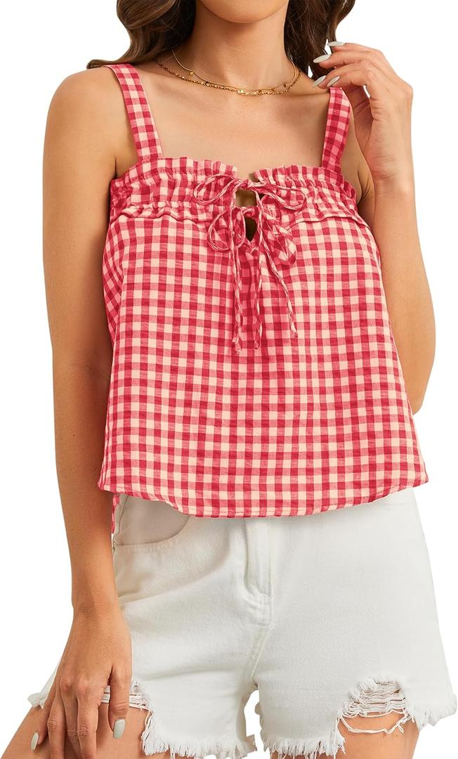MISSACTIVER Plaid Tie Front Crop Tank Tops for Women Cute Sleeveless Gingham Camisole Square Neck Backless Cropped Vest Tops Size S