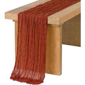 Ling's moment Terracotta Cheesecloth Table Runner, 120 Inch 10FT Burnt Orange Boho Gauze Rustic Sheer Orange Cheese Cloth Table Runners for Party Wedding Birthday Outdoor Bridal Shower Decor