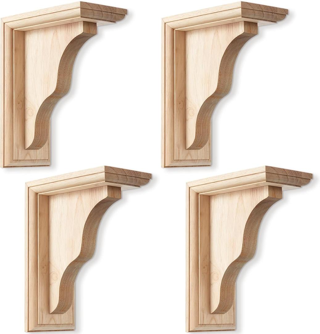 4 Pcs 2 1/4" W x 5" D x 7" H Traditional Wood Brackets Unfinished Hardwood Bracket Decorative Millwork Corbels Solid Wood Shelf Bracket for Home Shelf Cabinet Furniture Support