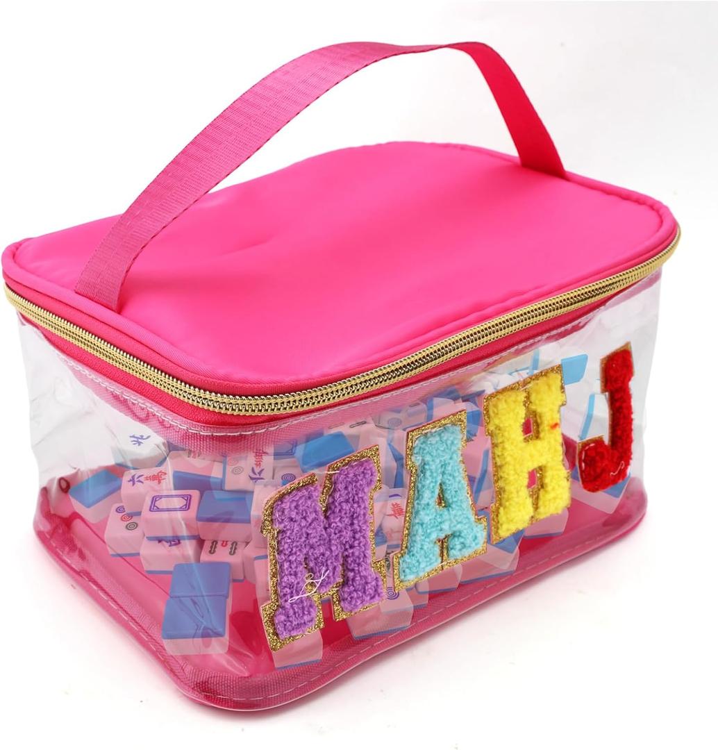 Empty Mahjong Tile Bag, 9.45x6.3x4.72in Pink Waterproof PVC Mahjong Mah Jong Tile Holder Rack Storage Pouch Travel Bags with Zipper Transparent for Game Lovers Accessories (Rose Red)