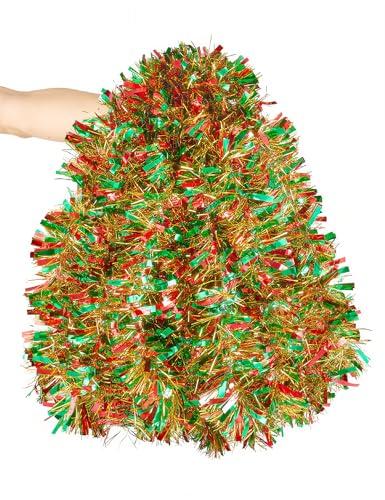 50FT Christmas Tinsel Garland, Red Green & Gold Thick Metallic Twist Garland for Xmas Tree, Holiday Party Decorations, Shiny & Flexible Indoor Outdoor Festive Streamers for Mantel, Stairs & DIY Crafts