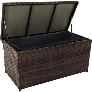 Outdoor 70 Gallon Wicker Storage Box with Waterproof Liner, Patio PE Rattan Storage Container for Outside, Deck Box with Hinged Lid for Cushions, Pillows, Towels, Horizontal Bin, Brown
