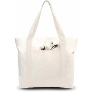 TOPDesign 6-Pack Canvas Tote Bags with an External Pocket, Reusable Grocery Shopping Bags, Top Zipper Closure, Daily Essentials (Natural)