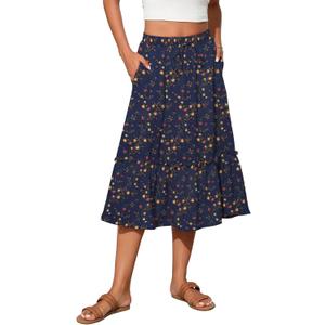 Summer Skirts Midi Length Flowy Pleated Tiered Skirts for Women 2025 Dressy Casual(FP Tiny Flo-RB,XL)