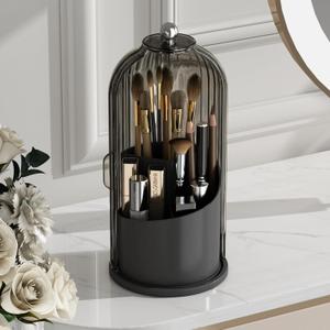 GAXmi Makeup Brush Holder with Lid Cosmetic Tools Organizer 360 Rotating Waterproof Dustproof Beauty Brushes Storage for Vanity, Black-Grey
