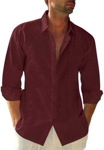 JEKAOYI Button Down Linen Shirts for Men Casual Long Sleeve Regular Fit Cotton Beach Shirts with Pocket L