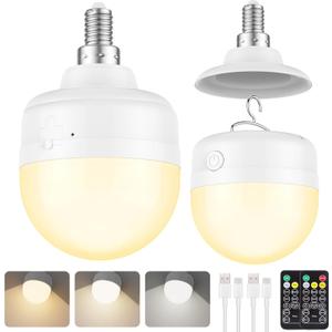 2Packs E12 Rechargeable Magnetic Light Bulbs with Remote and Hook, 10W 900LM Battery operated Emergency LED Bulb 3500mAh, Portable Large Camping Tent Lamp for Home, Hurricane, Power Outage & Outdoor
