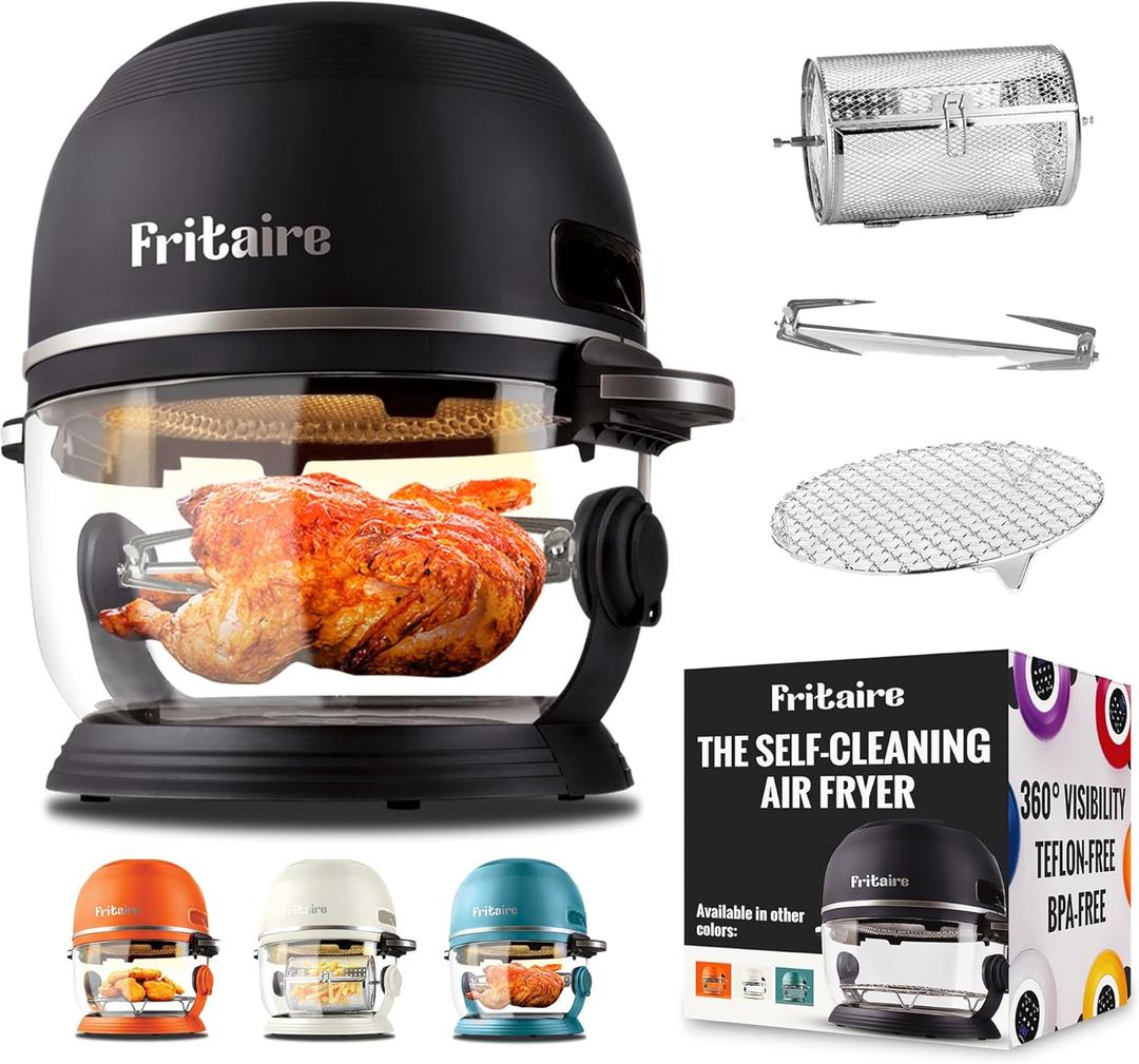 Non Toxic Air Fryer - Glass AirFryer 5 Quart w/ 360 Visibility, Self-Cleaning, 400F Vortex Air Fryer for Even Cooking, BPA-Free Teflon Free, 9-in-1 Functions, Rotisserie, Roast, Bake, Black