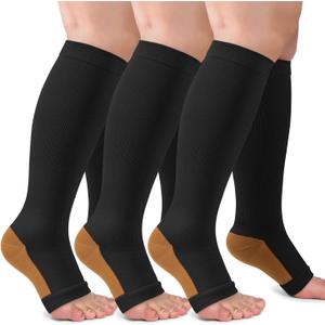 3 Pack Copper Compression Socks for Women & Men, 20-30mmHg Open Toe Knee High Stockings for Circulation Support (Black, S/M)