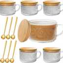 6 PACK Vintage Glass Coffee Mugs 14oz Clear Embossed Tea Cup Set with Bamboo Lids and Gold Spoons,Yogurt Bowl,kitchen gifts for women