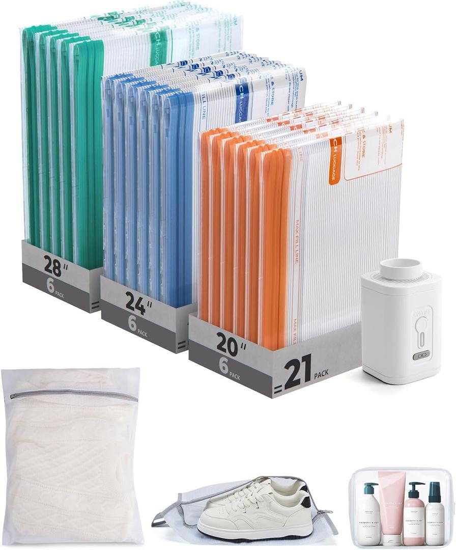 BAGSMART Vacuum Storage Bags for Travel with Rechargeable Air Pump, Portable Space Saver Bags for Travel & Home, Vacuum Compression Seal Bag for Clothing, Blanket, 21 Pack Multicolor