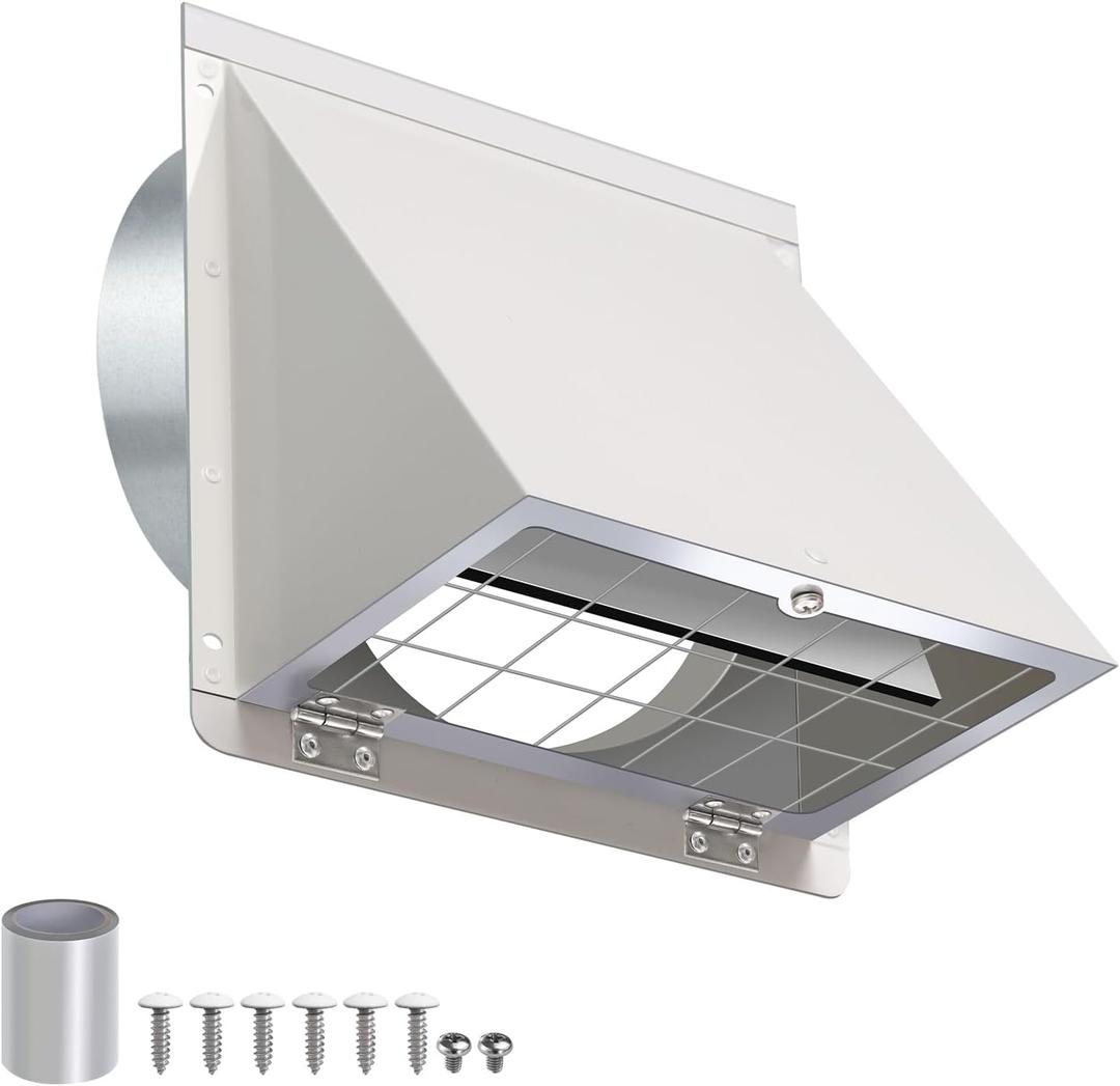 4 Inch Dryer Vent Cover Outside with Mesh and Damper,Wall Vent Exhaust Vent Cover,4" Metal Dryer Vent Cover Outdoor,Exterior Dryer Vent Hood Outlet Cap for Laundry Dryer Range Hood AC Air Vent,White