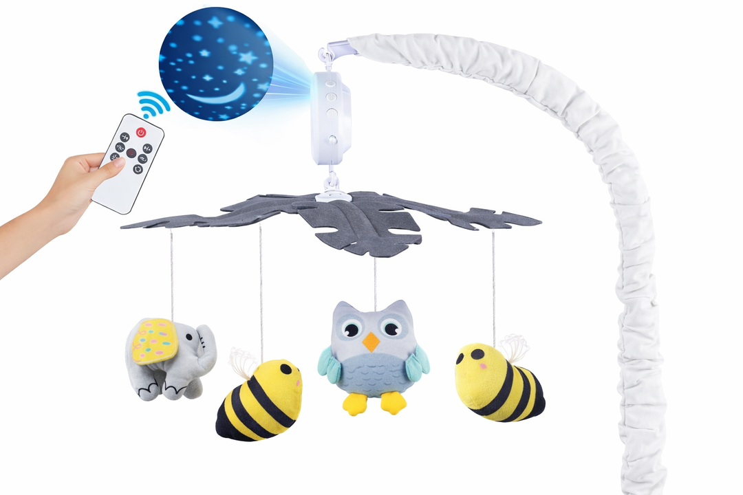 Baby Crib Mobile with Music and Lights, Mobile for Crib with Remote Control, Rotation, Starlight Projection, Crib Toys for Babies Boys Girls (Grey)