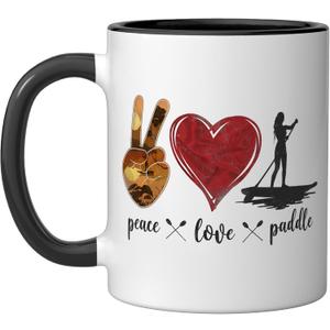 SUP Paddle Board Peace Love Paddle Girl Heart Ceramic Mug, Black/White