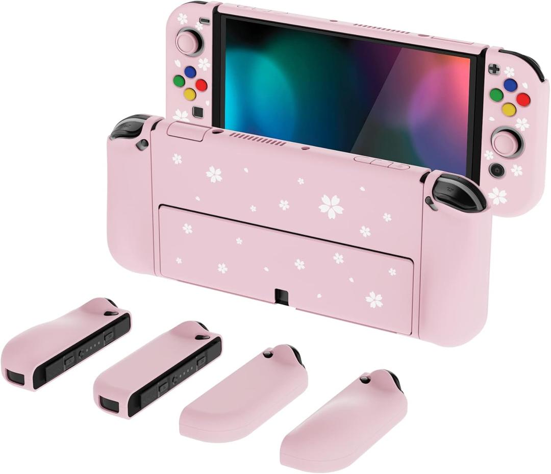 PlayVital AlterGrips Protective Slim Case for Nintendo Switch OLED, Ergonomic Grip Cover for Joycon, Dockable Hard Shell for Switch OLED w/Thumb Grip Caps & Button Caps (Cherry Blossoms Petals)