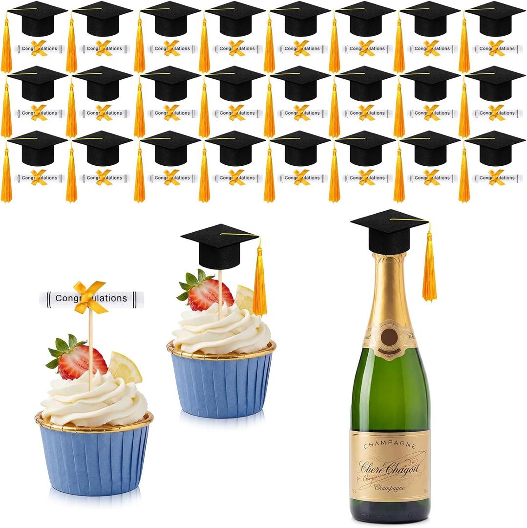 Breling 48 Pcs Mini Graduation Cap Decorations 2026 Black Felt Small Grad Cap with Gold Tassel & Scroll Diploma Decor Hat Cupcake Bottle Toppers Table Centerpieces for Grad Party Supplies