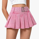 Women's Pleated Short Jean Skirt High Waist Buckle Belt A Line Y2k Denim Mini Skirt M