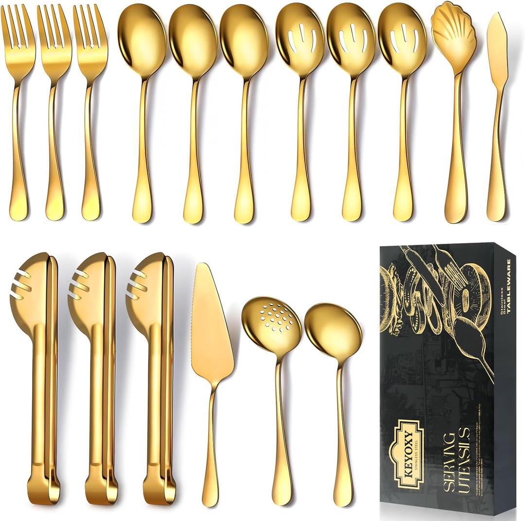 Gold Stainless Steel Serving Utensil Set, 17 Pcs, with Large Slotted/Spoon/Forks/Soup Ladle/Tongs/Pie Server/Butter Knife for Parties/Kitchen/Buffet/Catering