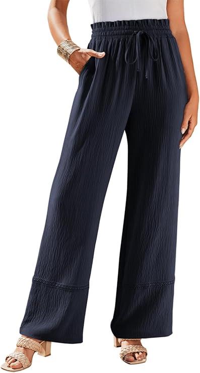 Dokotoo Womens Fall Boho 2025 Casual Wid Leg Lace Pants High Waisted Drawstrings with Pockets, S