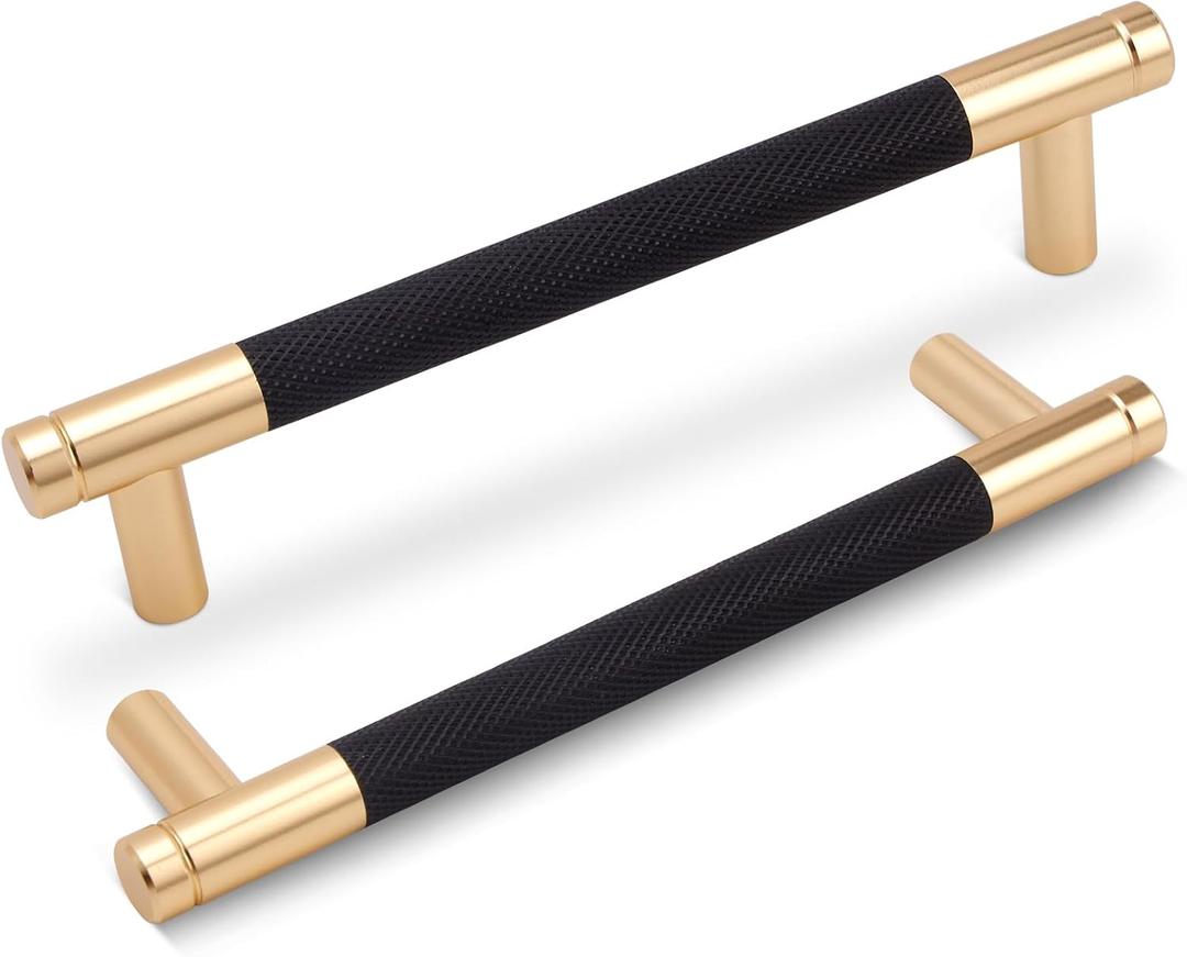 10 Pack Knurled Cabinet Pulls 3 Inch (76mm) Hole Center Kitchen Cabinet Handles Polished Gold & Matte Black for Drawer Dresser, Cupboard and Wardrobe Aluminum Hardware KL-MB76-10