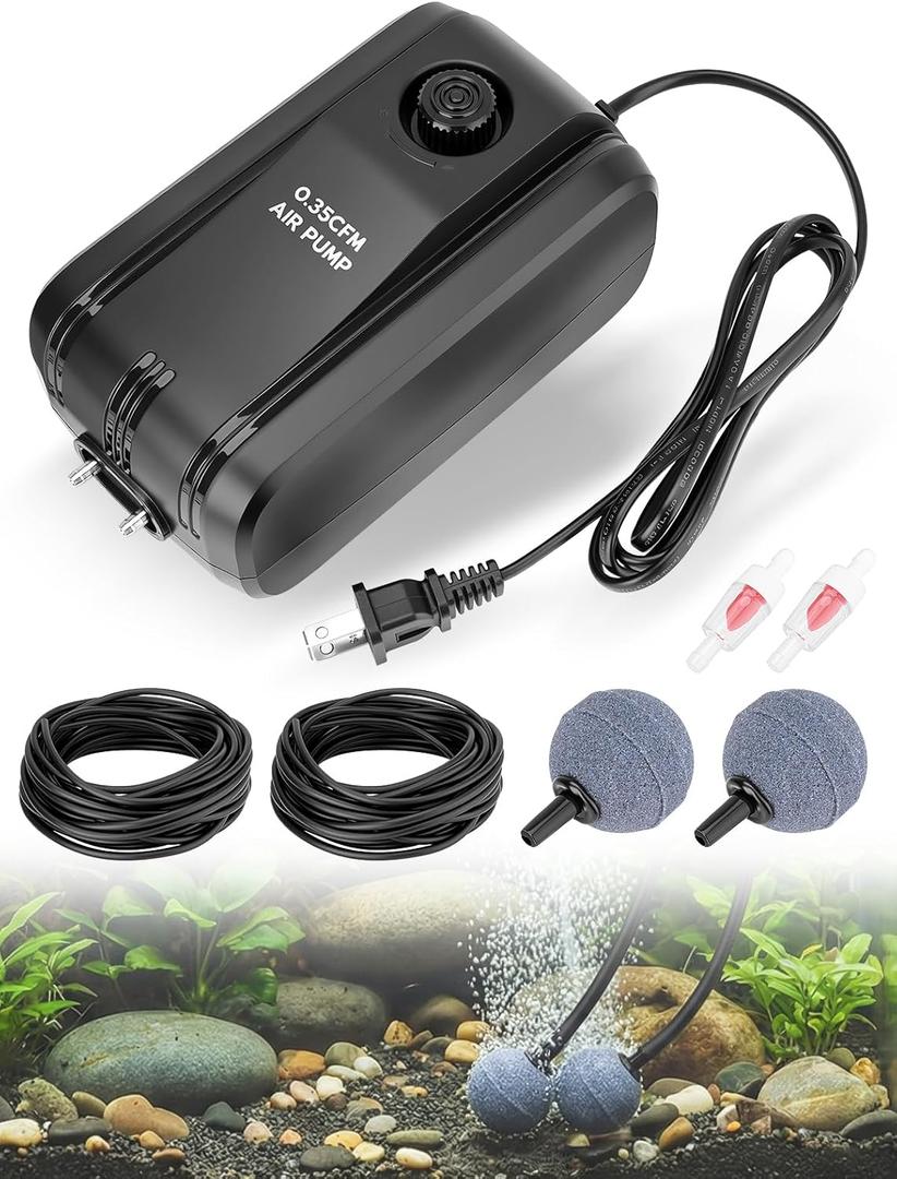 Pond Aerator 2 Outlets Air Pump Pond Aeration Kit with 30Ft Airline Tubing's, 2 Check Valves & Air Stones, 5W Complete Pond Air Pumps for Small Fish Ponds up to 1400 Gallons and 4 Feet Deep