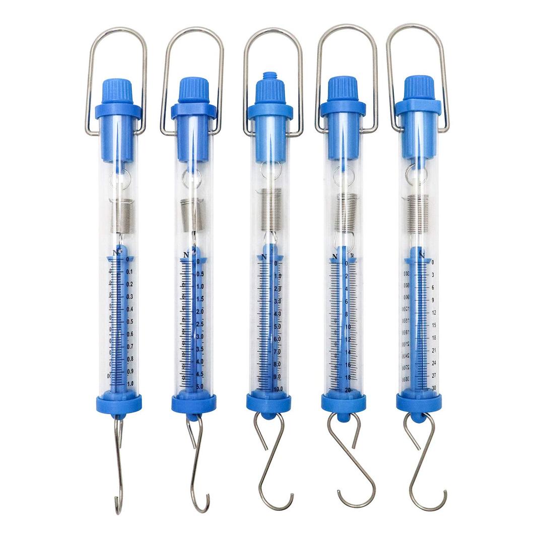 QWORK Plastic Tubular Spring Scale - 1N, 5N, 10N, 20N, 30N Capacity, Grams & Newton Calibration, Zeroing Capability, Clear Plastic Body Spring Balance Hanging Tube, Set of 5