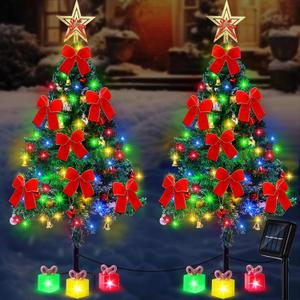 Retisee 2 Set 43 Inch Solar Christmas Tree Lights Outdoor Waterproof Decorations with Velvet Bow Xmas Tree Solar Landscape Path Lights 8 Modes Solar Powered Christmas Decor for Outside Yard Cemetery