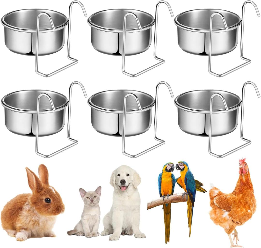 Layhit 6 Pcs 10 oz Kennel Pet Hanging Bowl Stainless Steel Coop Cup with Hanger None Spill Dog Crate Water Bowl Kennel Dog Rabbit Food Dish for Cage Cats Birds Chicken Reptiles