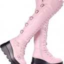 Gothniero Black Platform Boots Over Knee Thigh High Goth Boots for Women Chunky Heel Rave Motorcycle Boots with Buckles Side Zip Lace Boots 10, Light Pink