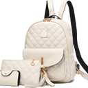 IHAYNER Women's Simple Design Quilted Mini Backpack - 3Pcs Leather Backpack Purse for Women (Beige)