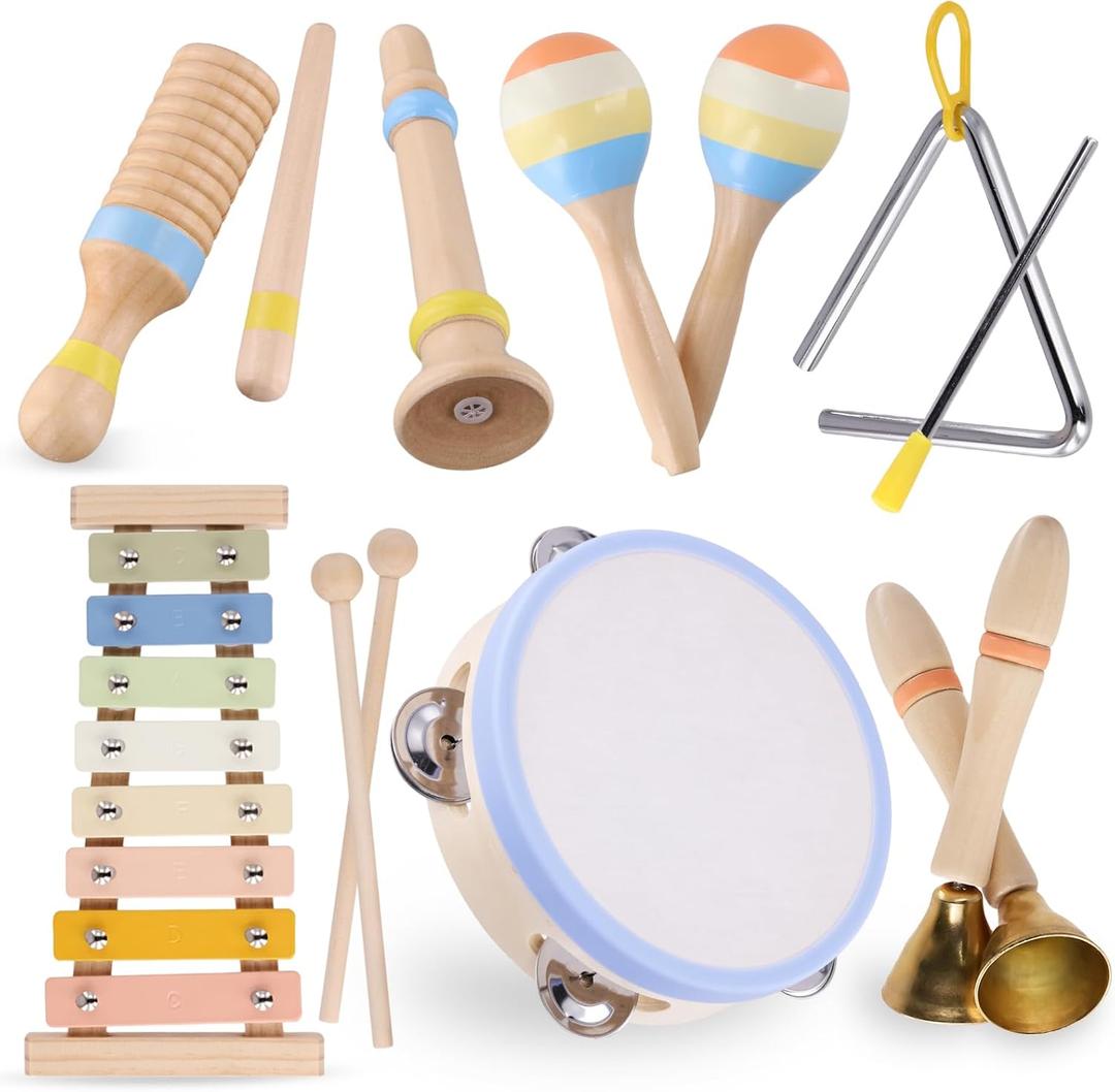 Montessori Wooden Musical Instruments for Toddlers 1-3, Baby Music Toy Set with Xylophone, Tambourine, Triangle, Clarinet, Maracas, Natural Sensory Educational Toys for Boys and Girls