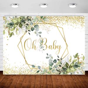 InMemory Greenery Oh Baby Baby Shower Backdrop Glitter Gold Eucalyptus Neutral Baby Shower Photography Background Green Leaves Boy Girl Newborn Baby Gender Party Decorations Photo Shoot Banner 10x7ft