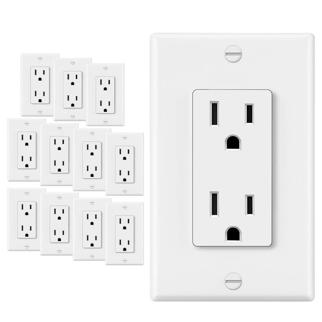 ELECTECK 12 Pack Standard Decorator Electrical Wall Receptacle Outlet, 15A 125V, 2 Pole 3 Wire, Non-Tamper Resistant, Wallplate Included, Residential and Commercial Use, UL Listed, White