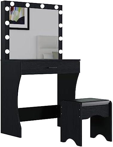 Vanity Desk with Mirror and Lights, Vanity Set Makeup Vanity Table with Adjustable Lights One Drawer Storage Makeup Table with Stool Vanity Desk for Bedroom (Black)