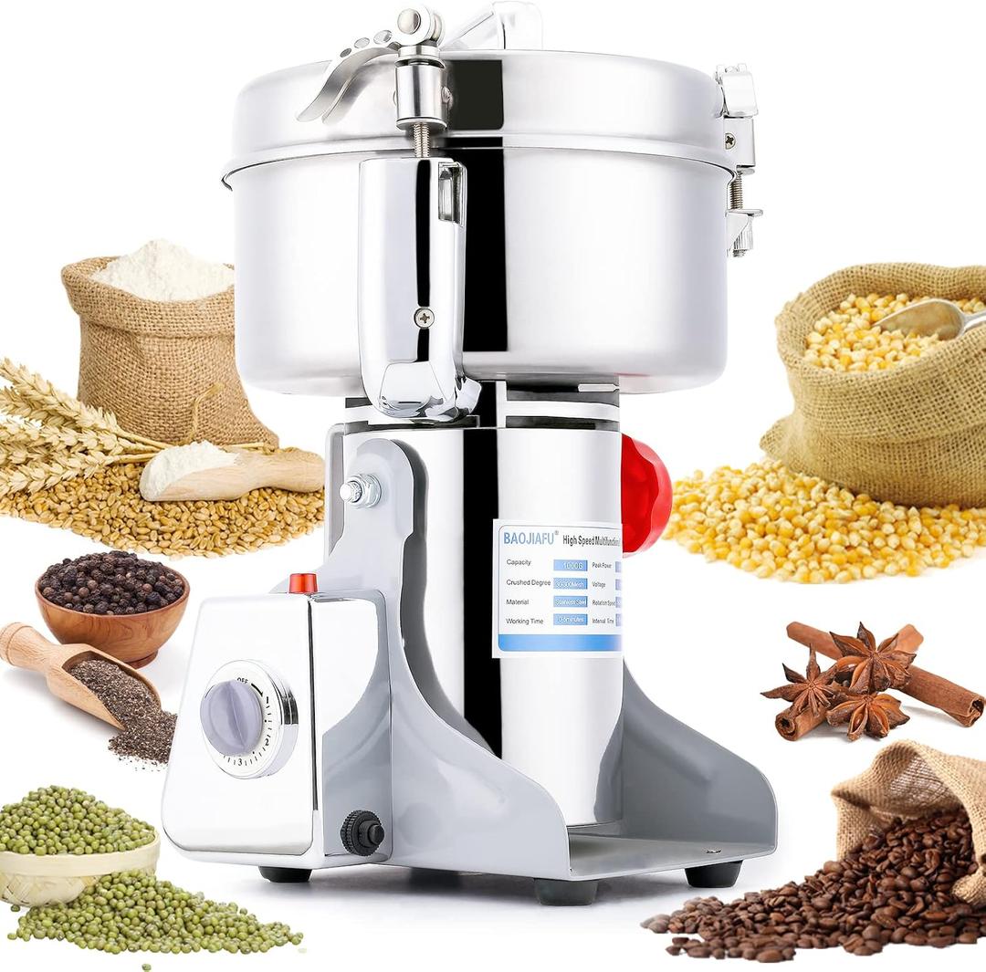 Electric Grain Mill 1000g High-speed Grain Spice Herb Grinder 2600W Dry Grinder Machine 304 Stainless Steel Superfine powder High-speed Grain Mill 36000r/min for Kitchen Home and Commercial