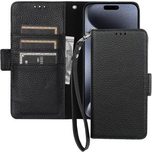 Bocasal Wallet Case for iPhone 15 Pro Max 5G, Genuine Leather Support Wireless Charging RFID Blocking Flip Case Card Slots Holder, Kickstand Book Folding Folio Cover with Wrist Strap 6.7 Inch (Black)