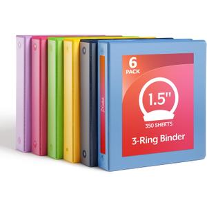 Cardinal 1.5 Inch 3 Ring Binders, 6 Pack, Assorted Colors, Holds 350 Sheets