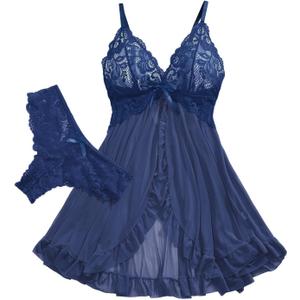Sexy Open Front Ruffle Sheer Mesh Lace Wireless Babydoll Lingerie Dress with Thong 2 Piece (Medium, Navy Blue)