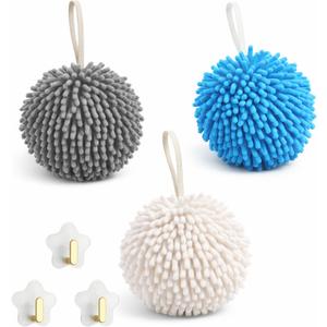 Chenille Ball Hand Towels Set of 3  Soft, Absorbent, Quick-Dry Microfiber Towels with Wall Hook  Fuzzy Ball Hanging Hand Towel Perfect for Bathroom & Kitchen Use