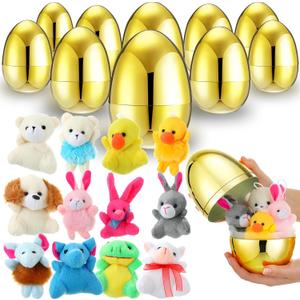 12 Set 6'' Jumbo Easter Eggs with Plush Animal Toys Filled Colorful Bright Plastic Eggs with Mini Stuffed Animals for Easter Party Favor Gift Exchange Prize(Gold,Metallic Plated)