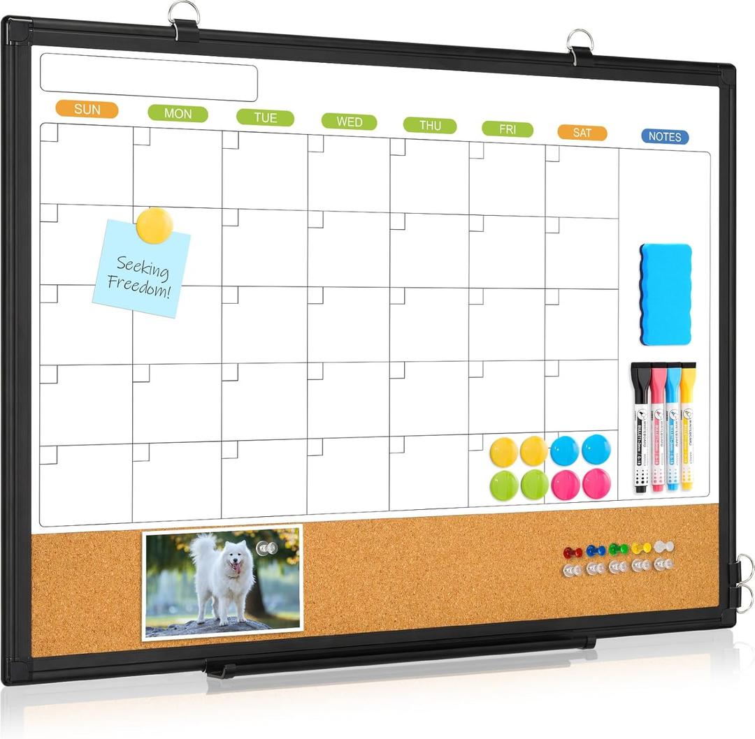 Dry Erase Calendar Whiteboard for Wall, WALGLASS 24" x 18" Double-Sided Monthly Calendar White Board Cork Combo, Black Aluminum Frame Hanging Wall Mounted Bulletin Corkboards for Home, Office, School