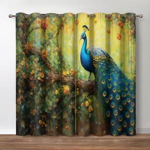 Jekeno Peacock Blackout Curtains, Retro Floral Decor, Feather Flower Cabin Theme Grommet Window Drapes for Bedroom Living Room, 52 Wide 63 Long inches 2 Panels