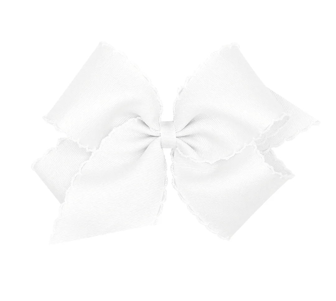 Wee Ones Girls' Classic Grosgrain Moonstitch Edge Hair Bow on a WeeStay Hair Clip, Matching Edge, King, White