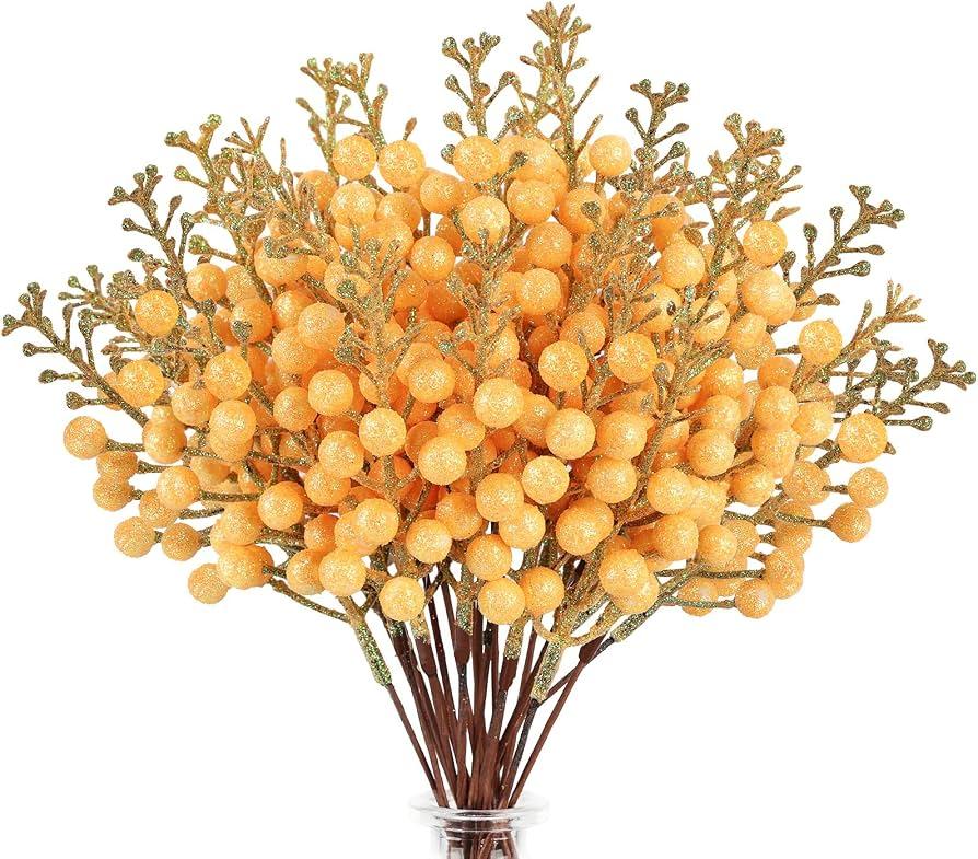 HOHOTIME 36Pcs Fall Glitter Berries Stems, Orange 9.5 Inch Artificial Christmas Tree Picks for Autumn Tree Decorations Ornaments DIY Crafts Vases Holiday Wedding Home Xmas Decor