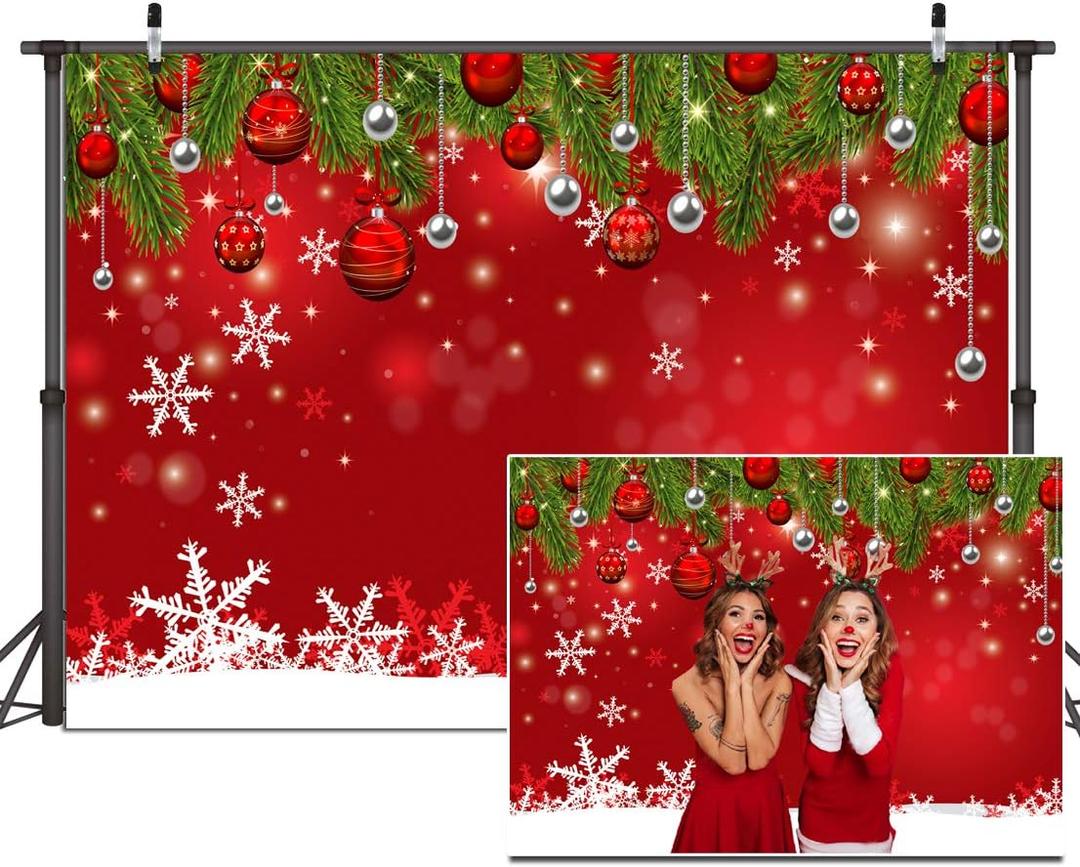 10x8ft Snowflake Christmas Backdrop for Winter New Year Eve Photography Family Party Birthday Glitter Bokeh Sparkle Red Merry Xmas Background Baby Shower Decoration D336