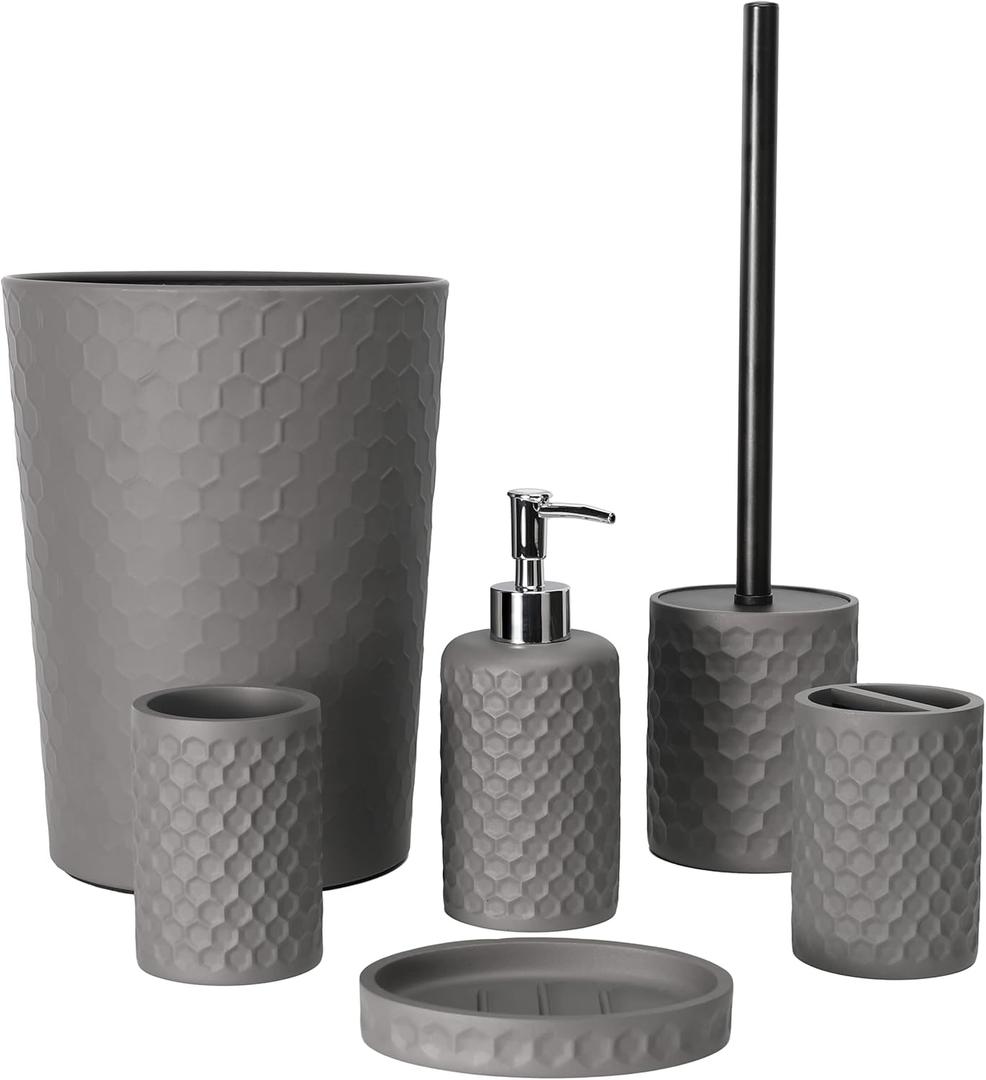 zccz Bathroom Accessory Set, 6 Piece Grey Bathroom Accessories Set with Trash Can, Toothbrush Holder, Toothbrush Cup, Soap Dispenser, Soap Dish, Toilet Brush with Holder, Trash Can, Light Gray (Cool Gray)