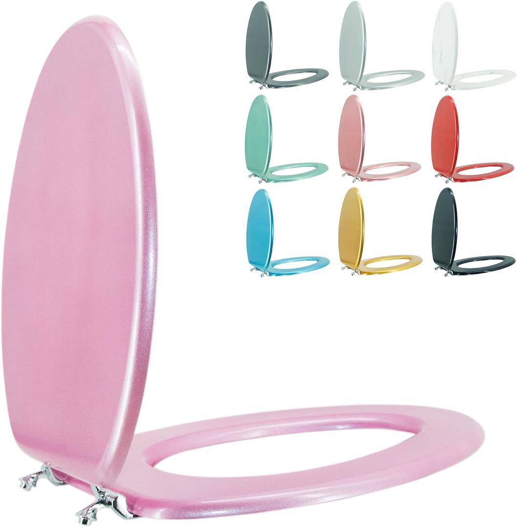 Elongated Toilet Seat Wood Toilet Seat Prevent Shifting with Zinc Alloy Hinges American Standard Size Toilet Seat Easy to Install also Easy to Clean (Elongated,Sparkling Pink)