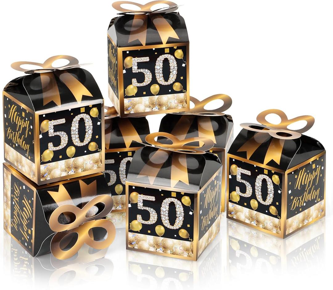 Qonmpcvu Square Boxes For Gifts, Black And Gold Decorations Box, 50th Birthday Favor Bags, 50th Party Favors Gifts Box, Favor Boxes For Party, Black And Gold Happy Birthday Bags With Candy (black, m) (1 Count (Pack of 50))