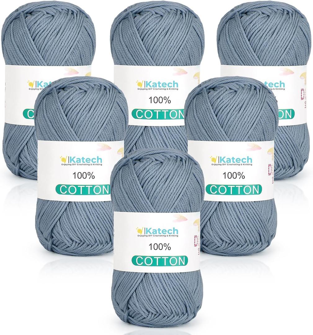 Katech Pure Cotton Yarn for Crocheting & KnittingSoft Sport Weight CYC #2, 6 Skeins (50g Each, 300g Total), Ideal Crochet Yarn for Dishcloths, Baby Clothes, Socks, Lightweight ScarvesBlue Gray